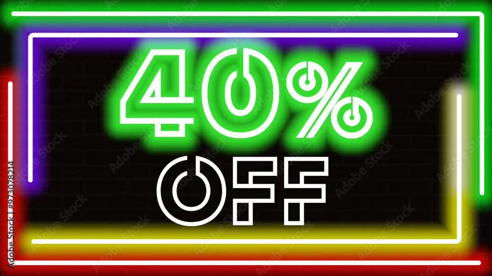 Neon animation of text and numbers showing 40% OFF in green and blue with a blinking effect, and four colorful neon progress lines forming a rectangular frame against a brick wall background Neon animation of text and numbers showing 40% OFF in green and blue with a blinking effect, and four colorful neon progress lines forming a rectangular frame against a brick wall background
