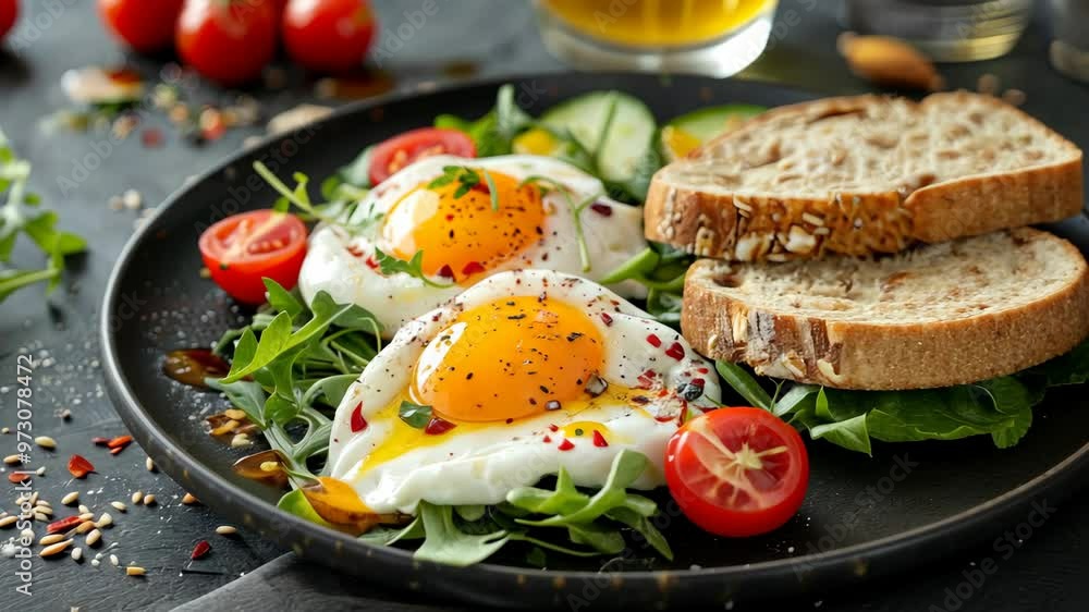 Deliciously prepared poached eggs on arugula with cherry tomatoes and whole grain bread Deliciously prepared poached eggs on arugula with cherry tomatoes and whole grain bread