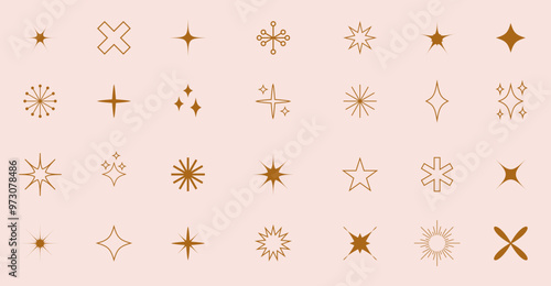 Sparkle icons collection. Set of star shapes. Abstract shine symbols, Y2k elements. Perfect for design posters, projects, banners, logo. Vector illustration.