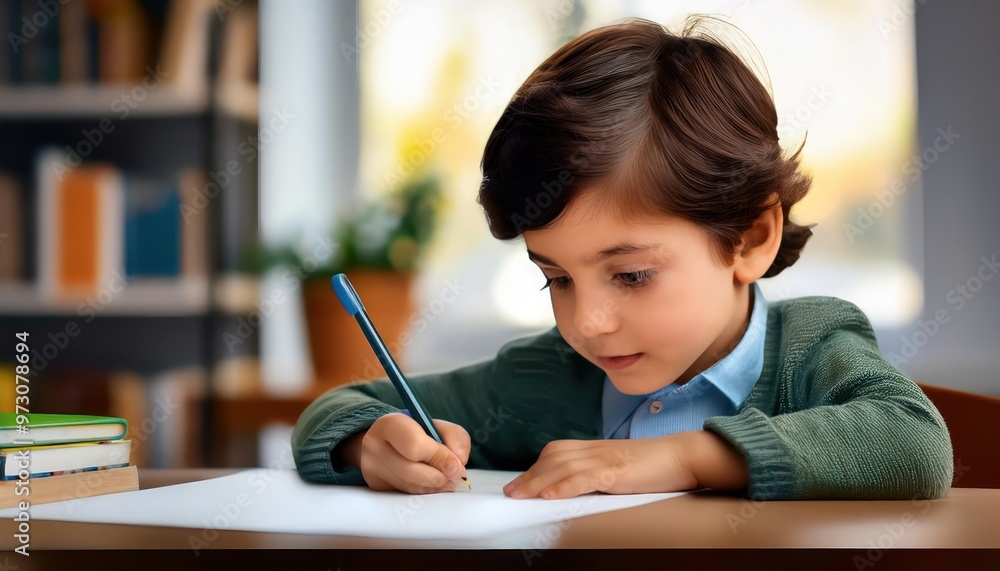 Little boy write to blank paper on desk Little boy write to blank paper on desk