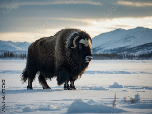 Musk ox standing resiliently in a snowy winter landscape