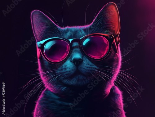 Colorful Synthwave style cute cat with sunglasses, dark black background, Portrait, digital illustration ai art style. synthwave cat. Illustrations
