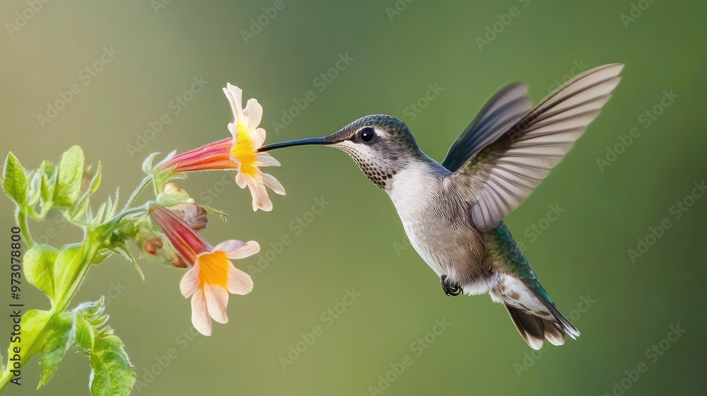 Fototapeta premium Hummingbird in flight, feeding from a flower 