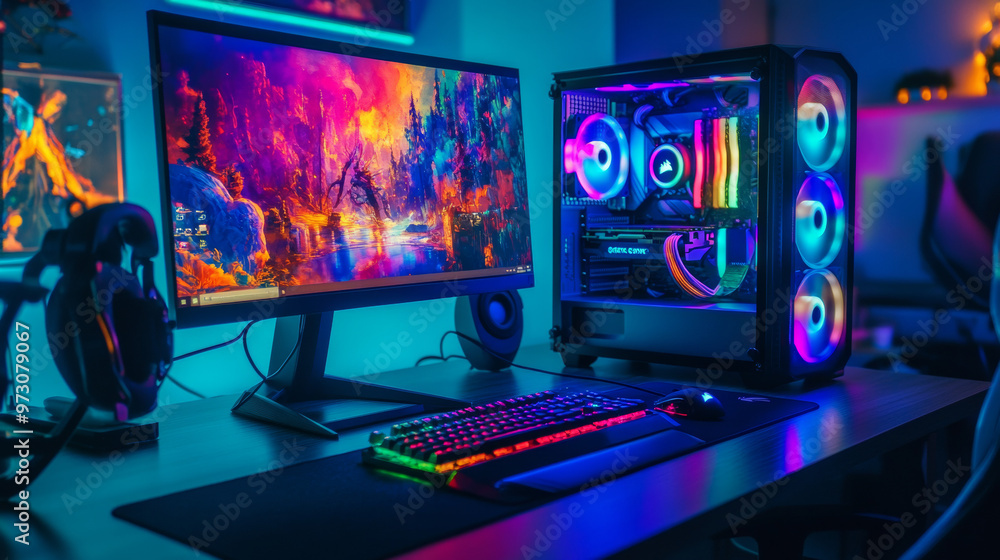 A powerful gaming computer with colorful lights and a liquid cooling system. It sits on a desk with a keyboard in a dark room. A powerful gaming computer with colorful lights and a liquid cooling system. It sits on a desk with a keyboard in a dark room.