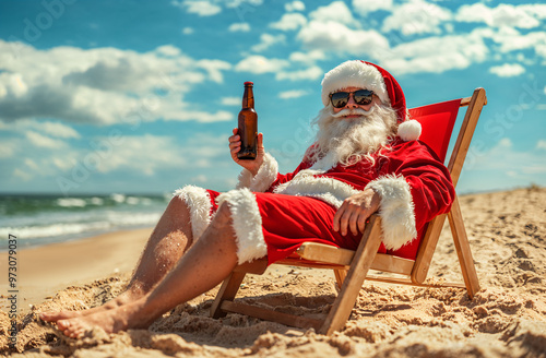 Santa Claus Relaxing on the Beach Drinking a Beer