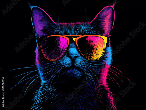 Colorful Synthwave style cute cat with sunglasses, dark black background, Portrait, digital illustration ai art style. synthwave cat. Illustrations
