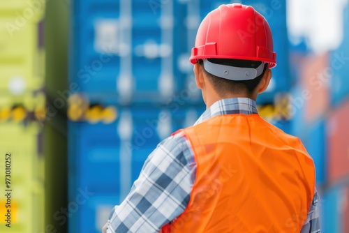 A dock worker in an orange helmet and uniform standing at a port overseeing stacked shipping containers, focusing on logistics and transportation