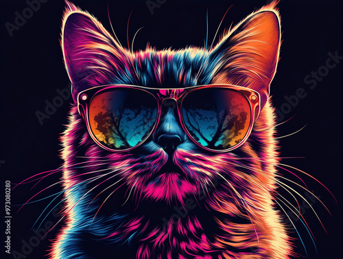Colorful Synthwave style cute cat with sunglasses, dark black background, Portrait, digital illustration ai art style. synthwave cat. Illustrations
