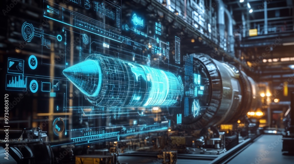 Digital twin of an industrial air with digital overlay showing data and collaboration icons, highlighting the integration between blue rocket on one side Digital twin of an industrial air with digital overlay showing data and collaboration icons, highlighting the integration between blue rocket on one side