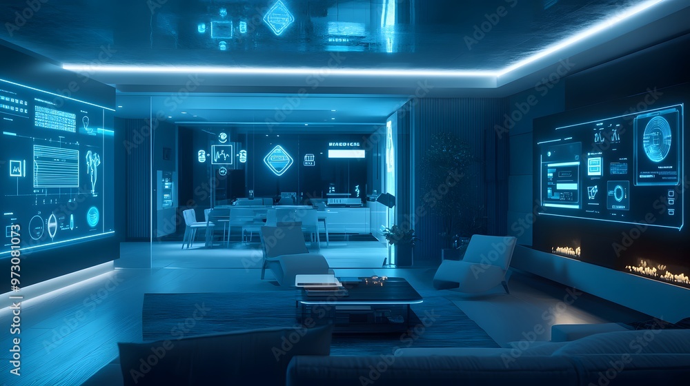 A smart home with various digital screens displaying energy-efficient features, set in an elegant modern house at night A smart home with various digital screens displaying energy-efficient features, set in an elegant modern house at night