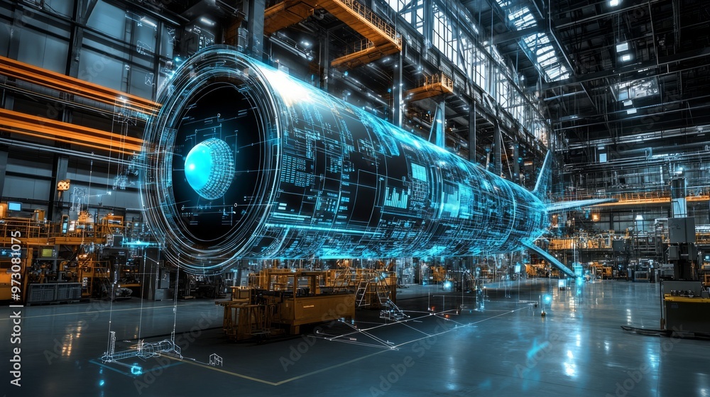 Fototapeta premium Digital twin of an industrial air with digital overlay showing data and collaboration icons, highlighting the integration between blue rocket on one side