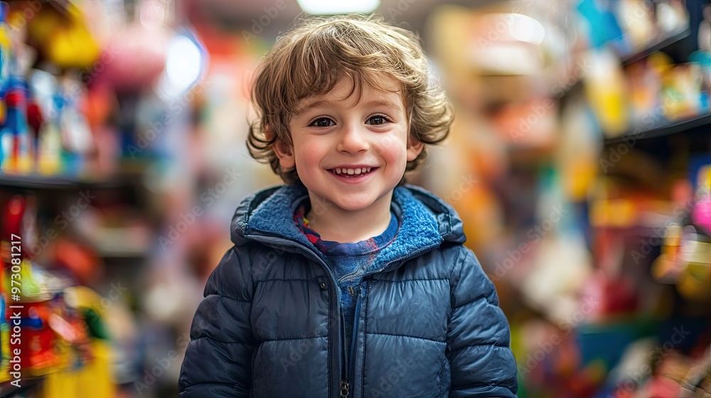 portrait smiling kid standing in a toy store. A boy is choosing toys in a toy store. portrait smiling kid standing in a toy store. A boy is choosing toys in a toy store.