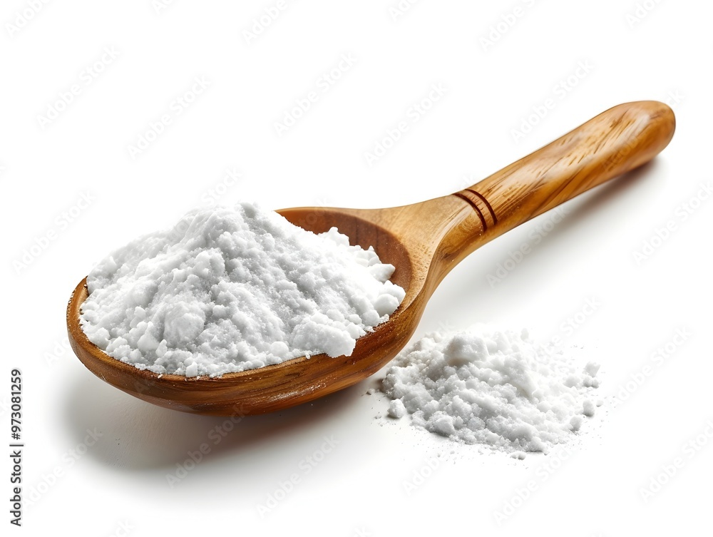 Baking Soda in Wooden Spoon on White Background Baking Soda in Wooden Spoon on White Background