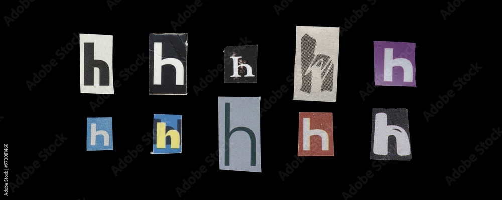 Set of cut-out letter “H” from magazines on a black background, retro y2k style symbols for collage Set of cut-out letter “H” from magazines on a black background, retro y2k style symbols for collage