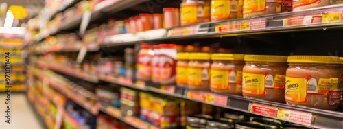 Supermarket shelves with jars of peanut butter and spreads