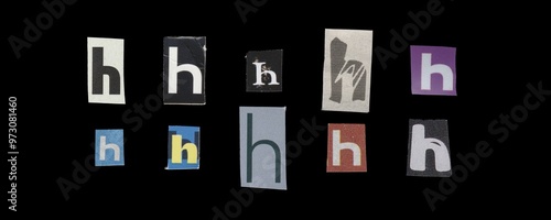 Set of cut-out letter “H” from magazines on a black background, retro y2k style symbols for collage