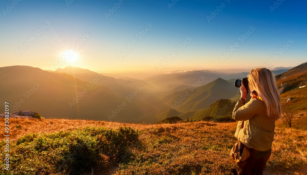 Photographer taking photos of mountains scenery during the sunrise ,beautiful landscape Photographer taking photos of mountains scenery during the sunrise ,beautiful landscape