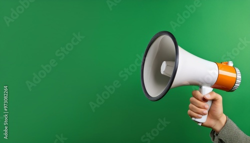 Hand holding a megaphone announces sales and discounts. Marketing and commercial concept banner with copy space, made with Generative Al.