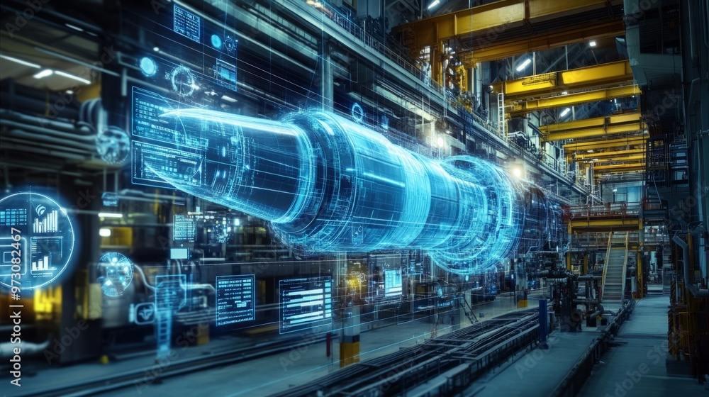 Digital twin of an industrial air with digital overlay showing data and collaboration icons, highlighting the integration between blue rocket on one side Digital twin of an industrial air with digital overlay showing data and collaboration icons, highlighting the integration between blue rocket on one side