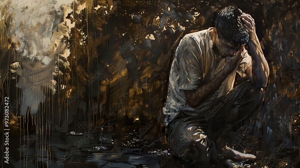 A man sits crouched in a dark and foreboding environment, his head in his hands, looking defeated and lost. A man sits crouched in a dark and foreboding environment, his head in his hands, looking defeated and lost.