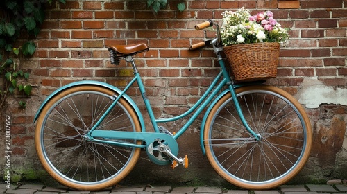 A vintage bicycle leaning against a brick wall, with a wicker basket full of fresh flowers