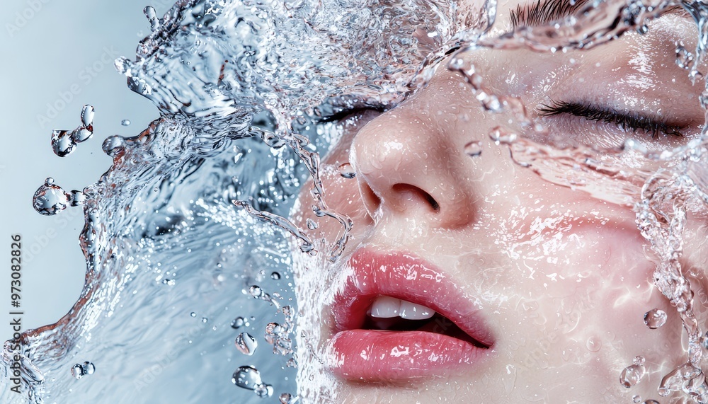 Fototapeta premium A close-up of a serene face partially submerged in water, showcasing beauty and tranquility with splashes enhancing the composition.