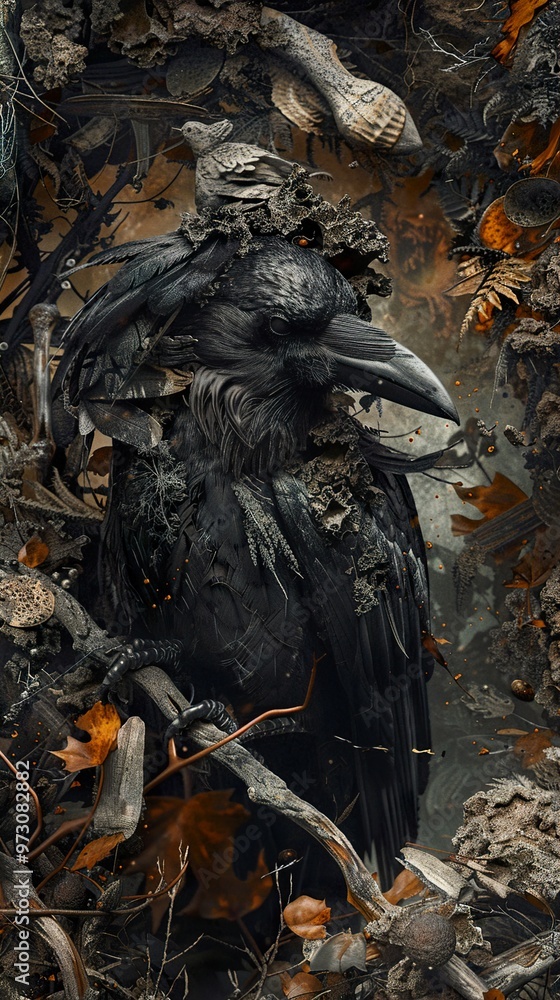 A black raven sits in a nest of autumn leaves and branches. A black raven sits in a nest of autumn leaves and branches.