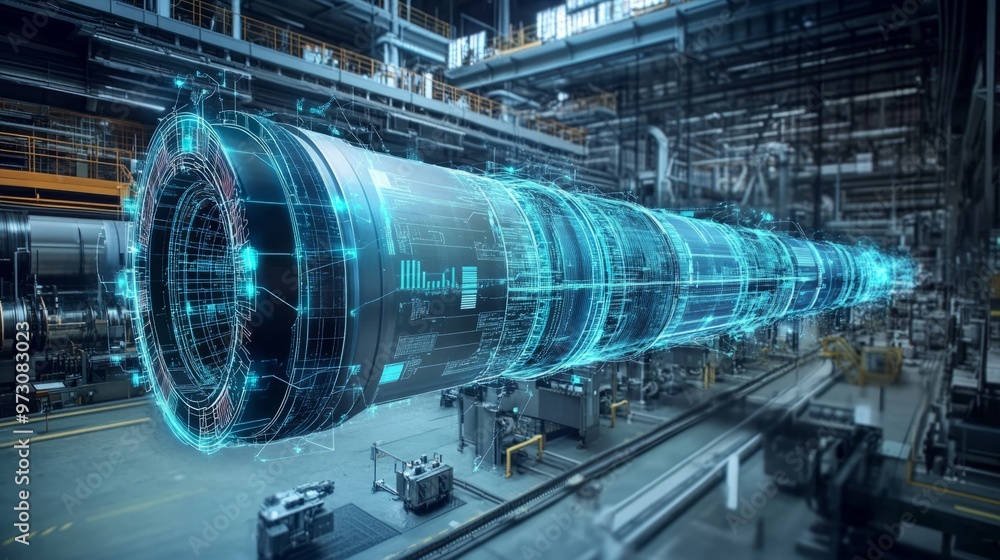 Digital twin of an industrial air with digital overlay showing data and collaboration icons, highlighting the integration between blue rocket on one side Digital twin of an industrial air with digital overlay showing data and collaboration icons, highlighting the integration between blue rocket on one side