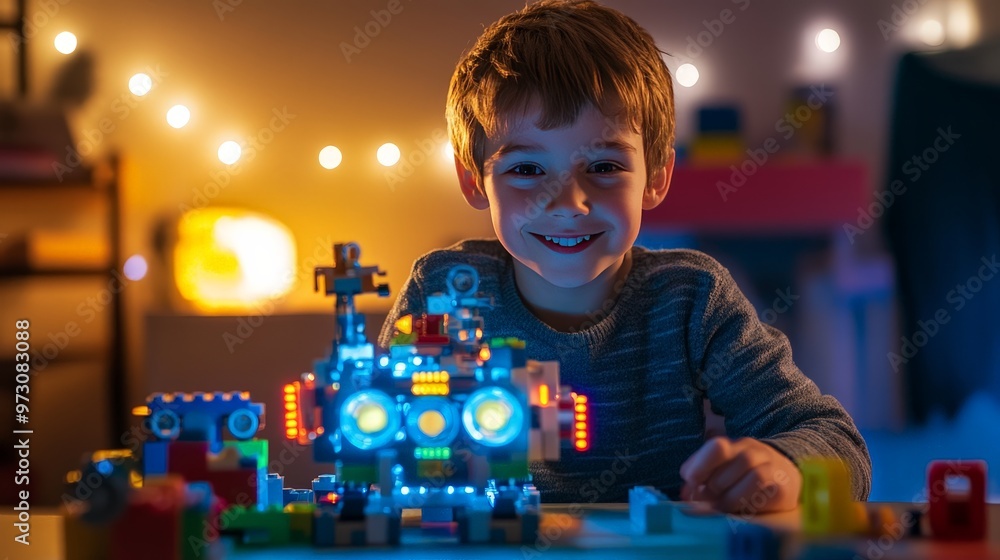 A young inventor with a set of building blocks, proudly showcasing a homemade robot with moving parts and flashing lights A young inventor with a set of building blocks, proudly showcasing a homemade robot with moving parts and flashing lights