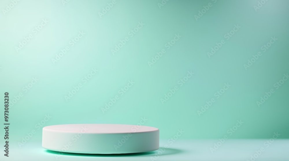 A cylindrical 3D podium floating on a subtle gradient background transitioning from light blue to pale green, with soft lighting highlighting the platform A cylindrical 3D podium floating on a subtle gradient background transitioning from light blue to pale green, with soft lighting highlighting the platform