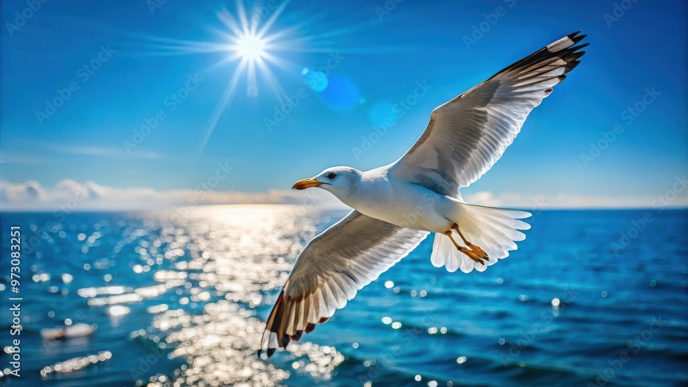 Obraz premium Seagull flying gracefully over the sparkling sea against a backdrop of clear blue sky