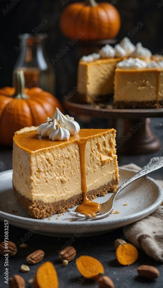 Pumpkin cheesecake slice showcasing its creamy texture. Pumpkin cheesecake slice showcasing its creamy texture.