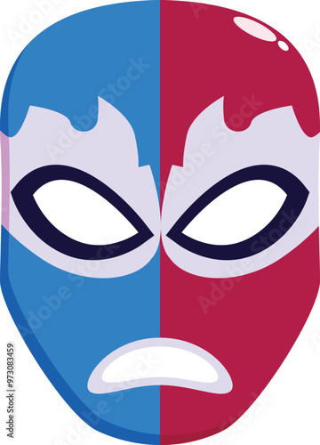 Luchador mask split down the middle, with one side blue and the other red, symbolizing duality