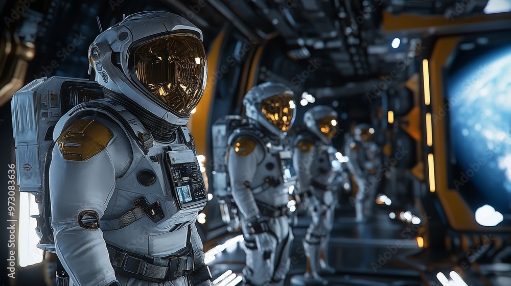 An advanced space exploration scene with futuristic spacecraft and robotics. An advanced space exploration scene with futuristic spacecraft and robotics.