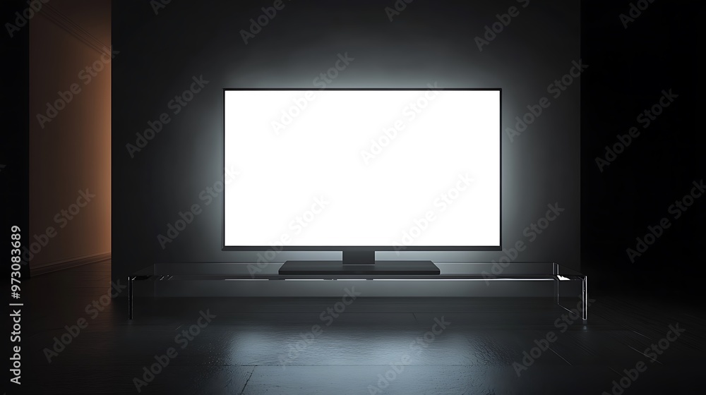 Fototapeta premium Blank white tv screen interior in darkness mockup, front view, 3d rendering. Empty telly plasma display in living room mockup