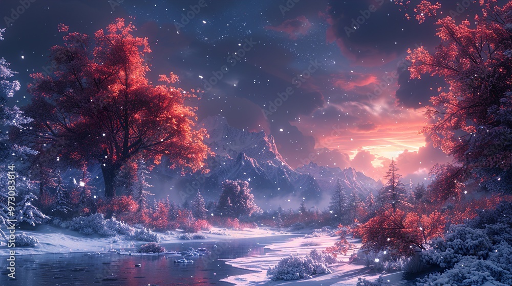 Fototapeta premium A serene winter landscape with a snowy forest, a river, and mountains in the background, illuminated by a vibrant sunset.