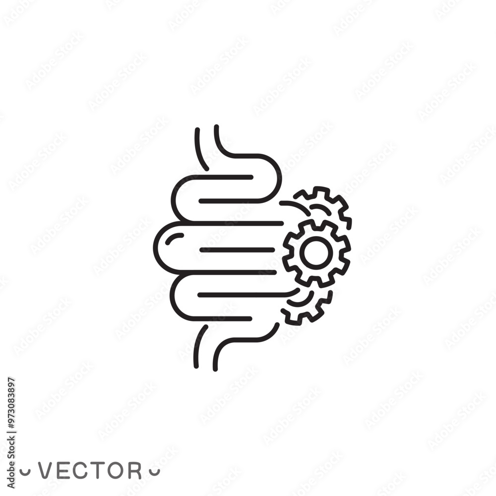 work digestive system icon, bowel with gears, gut protection, thin line symbol isolated on white background, editable stroke eps 10 vector illustration work digestive system icon, bowel with gears, gut protection, thin line symbol isolated on white background, editable stroke eps 10 vector illustration