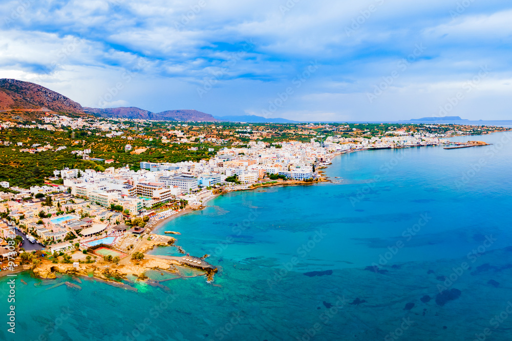 Obraz premium Hersonissos town aerial panoramic view in Crete, Greece