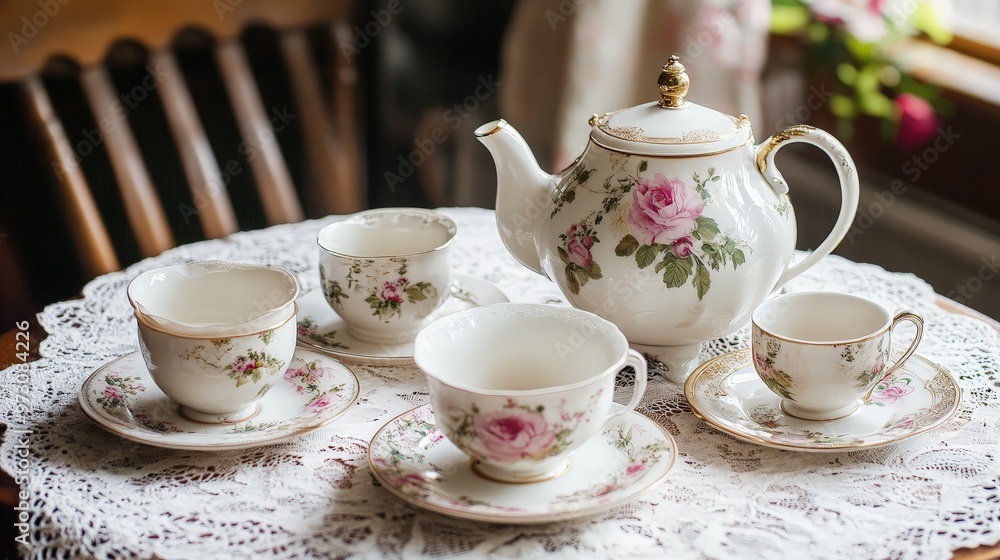 An elegant Victorian tea set displayed on a lace tablecloth, ready for an afternoon tea party An elegant Victorian tea set displayed on a lace tablecloth, ready for an afternoon tea party