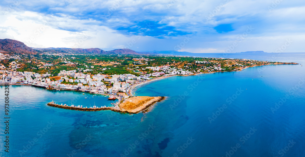 Obraz premium Hersonissos town aerial panoramic view in Crete, Greece