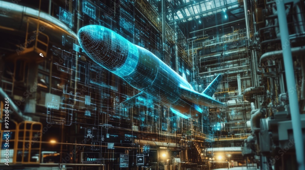 Digital twin of an industrial air with digital overlay showing data and collaboration icons, highlighting the integration between blue rocket on one side Digital twin of an industrial air with digital overlay showing data and collaboration icons, highlighting the integration between blue rocket on one side