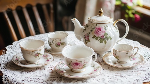 An elegant Victorian tea set displayed on a lace tablecloth, ready for an afternoon tea party