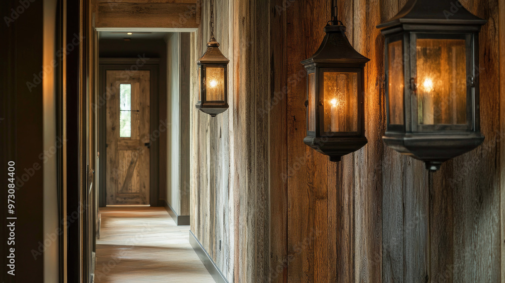 A well-lit hallway featuring rustic wooden walls and lanterns.