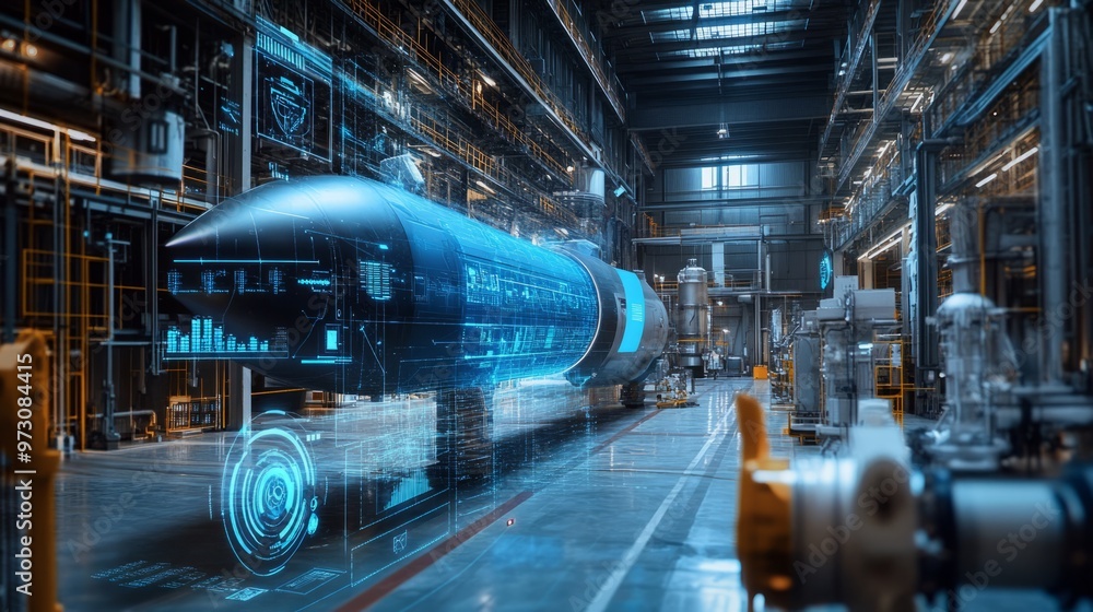Digital twin of an industrial air with digital overlay showing data and collaboration icons, highlighting the integration between blue rocket on one side Digital twin of an industrial air with digital overlay showing data and collaboration icons, highlighting the integration between blue rocket on one side