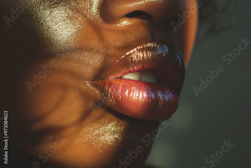 A woman with a shiny lip is shown in a shadow