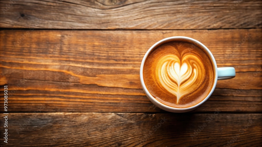 Top view of latte coffee cup on wooden table with heart shaped surface, cozy and romantic atmosphere Top view of latte coffee cup on wooden table with heart shaped surface, cozy and romantic atmosphere