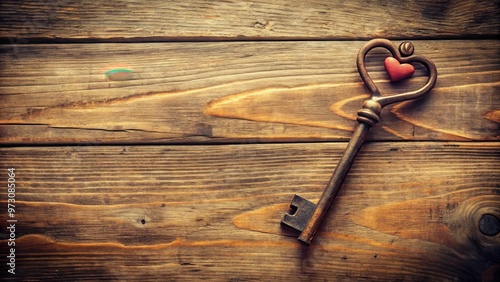 Romantic vintage concept with old key and heart symbol on wooden surface