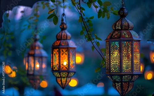 Colorful Arabic lanterns on the street. Ramadan Kareem background photo