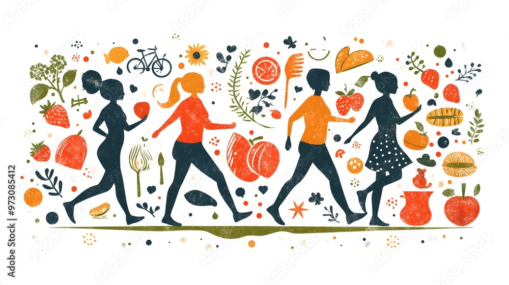 Fototapeta premium Healthy lifestyle flat vector infographic promoting balanced meals, physical activity, and regular screenings for breast cancer prevention.