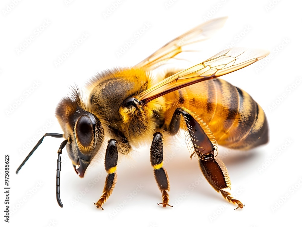 Macro Shot of Honeybee on White Background Showcasing its Intricate Anatomy and Vital Role in Ecosystems Macro Shot of Honeybee on White Background Showcasing its Intricate Anatomy and Vital Role in Ecosystems